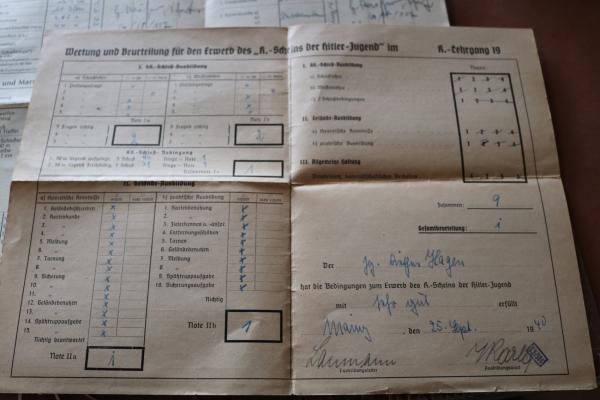 Leistungsbogen und Leistungskarte für Erwerb des K-Scheins der Hitler-Jugend  Mainz 1940